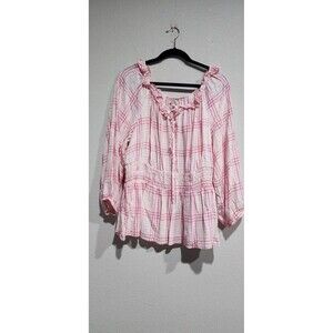 Cato Smocked Waist Balloon Sleeve Womens 18/20W Ruffle Neck Powder Pink Gingham